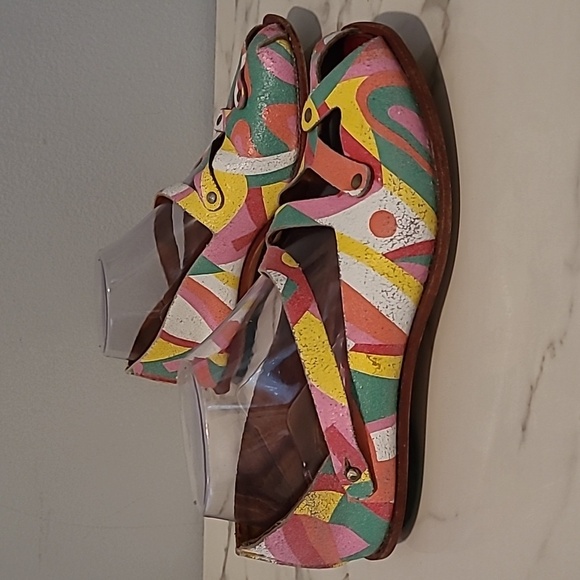 CYDWOQ Colorful Leather Peep Toe Flats Women's EU 37 US 6.5-7 Artsy Quirky Boho - Picture 2 of 16